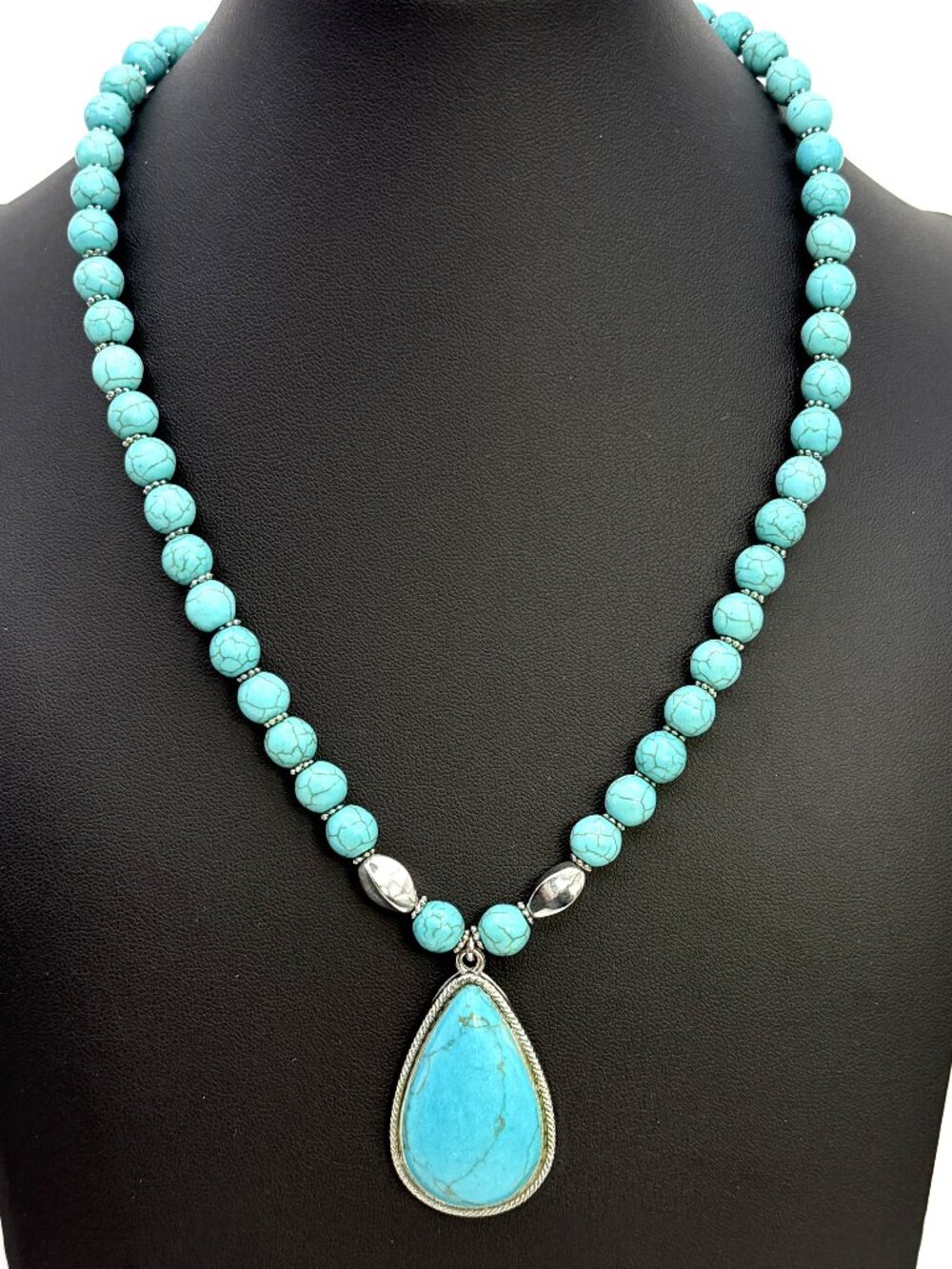 Turquoise Color Stone Bead Teardrop Pendant Necklace Silver Tone 18”